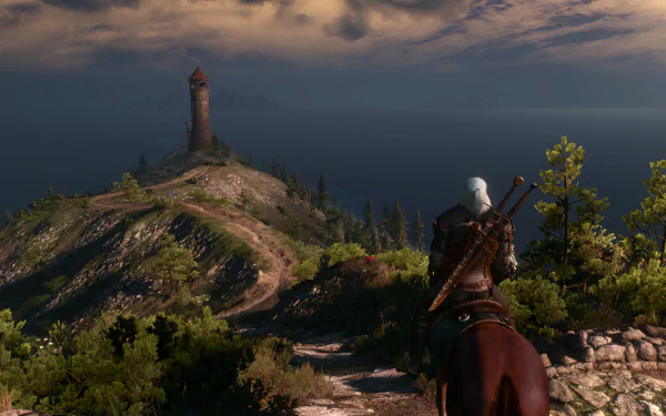 HD desktop wallpaper of The Witcher 3: Wild Hunt, featuring a scenic landscape with a tower in the distance and the protagonist Geralt on horseback.