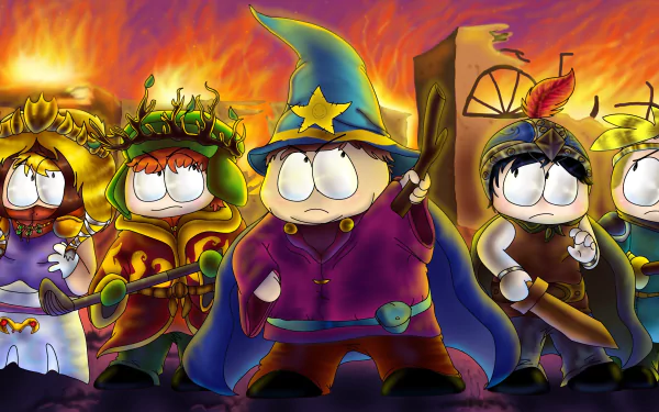 South Park TV show 4K Ultra HD PC desktop wallpaper: Butters, Stan, Cartman, Kyle and Kenny in fantasy garb, wizard Cartman center, standing before a blazing, fiery background.
