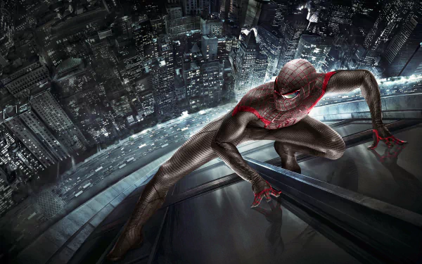 HD desktop wallpaper featuring Spider-Man scaling a skyscraper from the movie The Amazing Spider-Man, with the cityscape in the background.