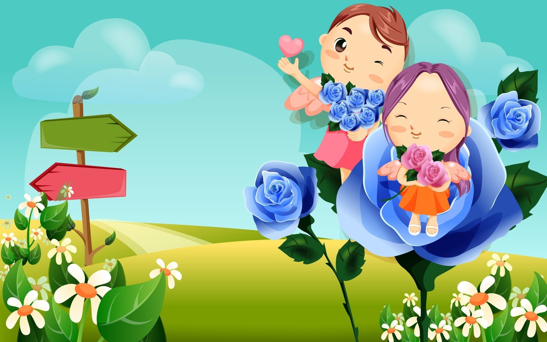 A whimsical HD wallpaper featuring two cheerful, cartoon characters holding flowers amid a vibrant landscape adorned with roses and daisies, conveying themes of love and friendship.