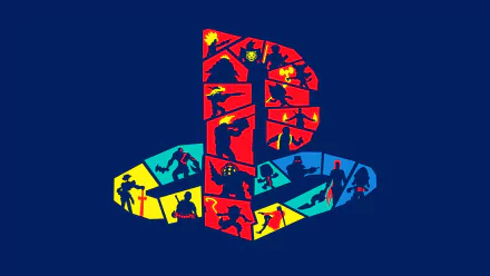 HD desktop wallpaper featuring a minimalist PlayStation logo with silhouettes of iconic video game characters set against a dark blue background.
