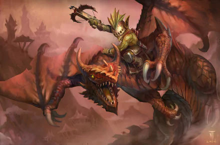 HD fantasy PC desktop wallpaper depicting a fierce warrior riding a massive, fiery dragon against a smoky, ominous sky.