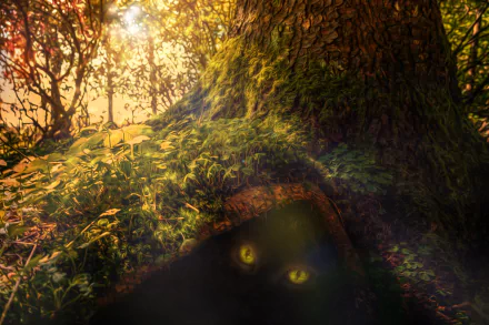 Fairy-tale scene: glowing-eyed cat peeks from a mossy tree hollow in a sunlit forest — artistic 5K Ultra HD PC desktop wallpaper and background.