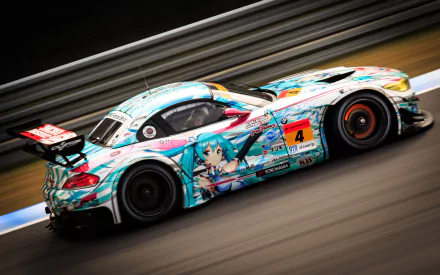 HD desktop wallpaper featuring a BMW M4 race vehicle with vibrant anime-inspired graphics speeding on a racetrack.