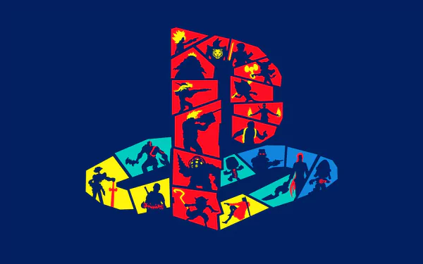 HD desktop wallpaper featuring a minimalist PlayStation logo with silhouettes of iconic video game characters set against a dark blue background.