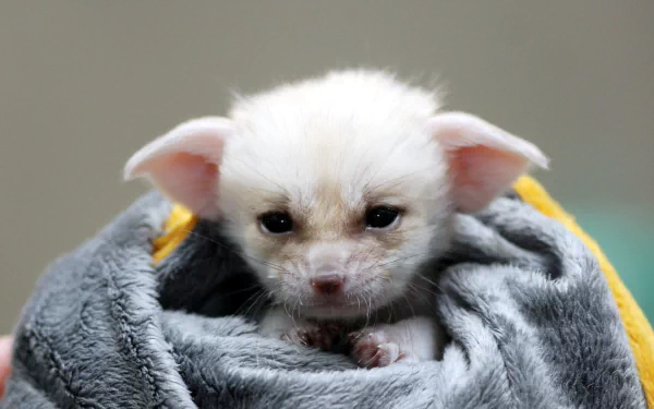 A close-up of an adorable fennec fox wrapped in a soft blanket, showcasing its large ears and expressive eyes. This HD image makes a charming desktop wallpaper or background.
