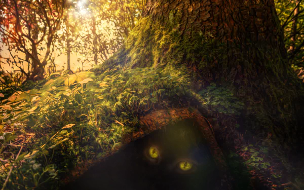 Fairy-tale scene: glowing-eyed cat peeks from a mossy tree hollow in a sunlit forest — artistic 5K Ultra HD PC desktop wallpaper and background.