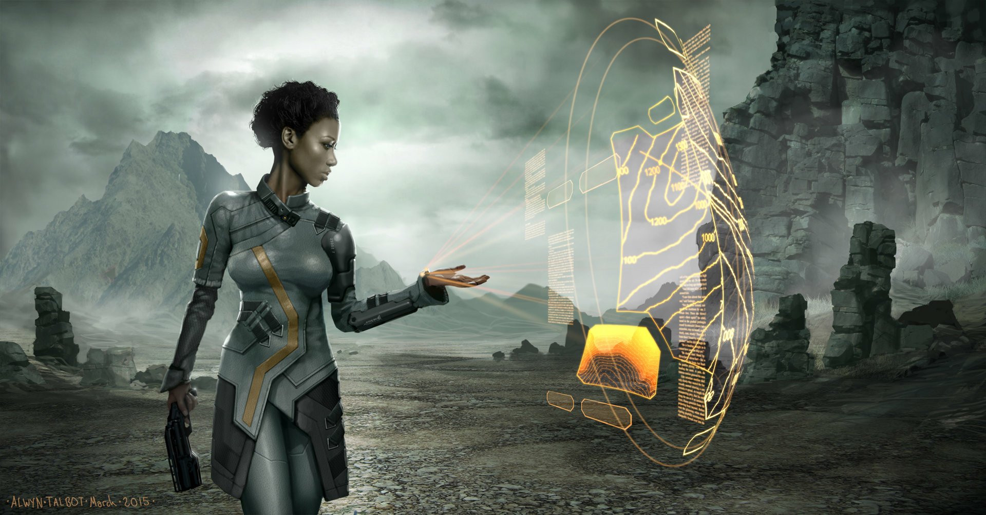 HD PC desktop wallpaper of a sci-fi woman warrior in futuristic armor interacting with a glowing holographic interface in a rocky, misty landscape.