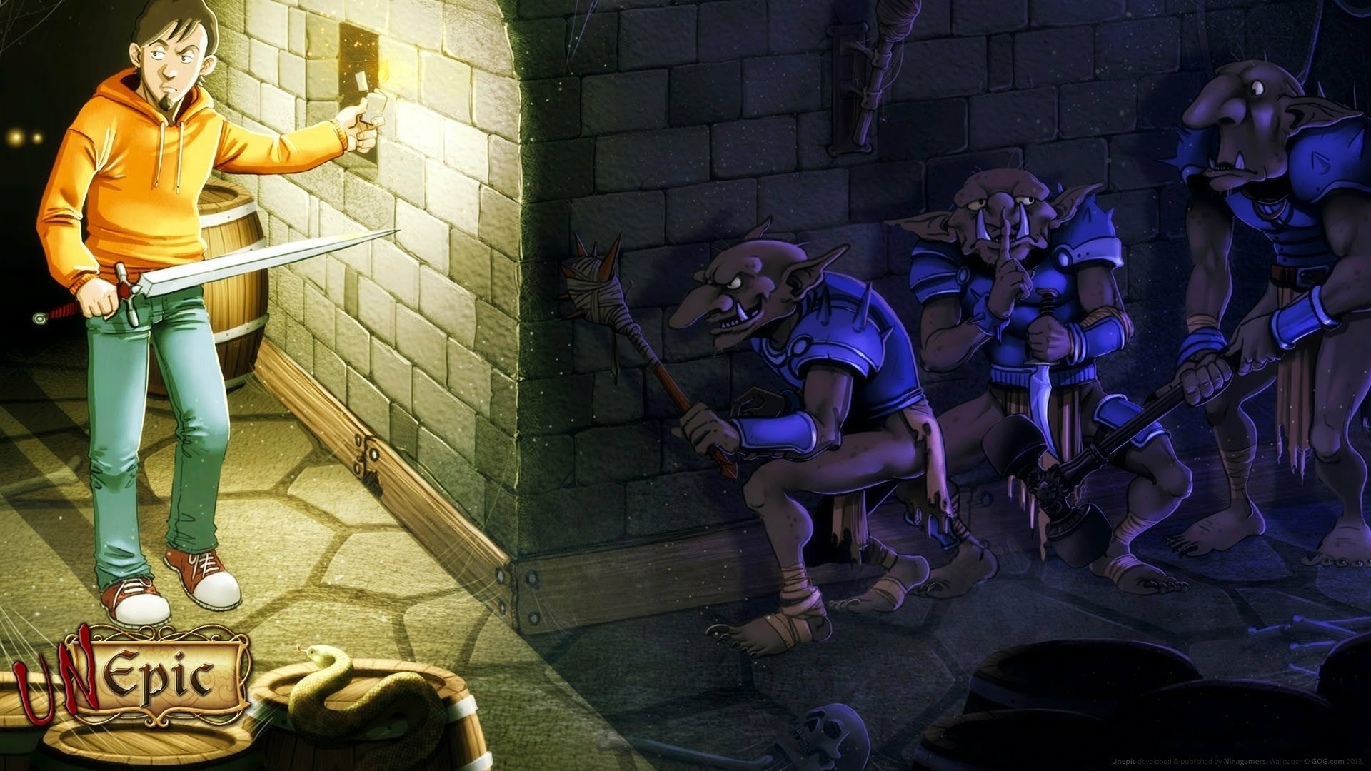 HD desktop wallpaper of Unepic, featuring a character with a sword facing skeletons in a dungeon setting.