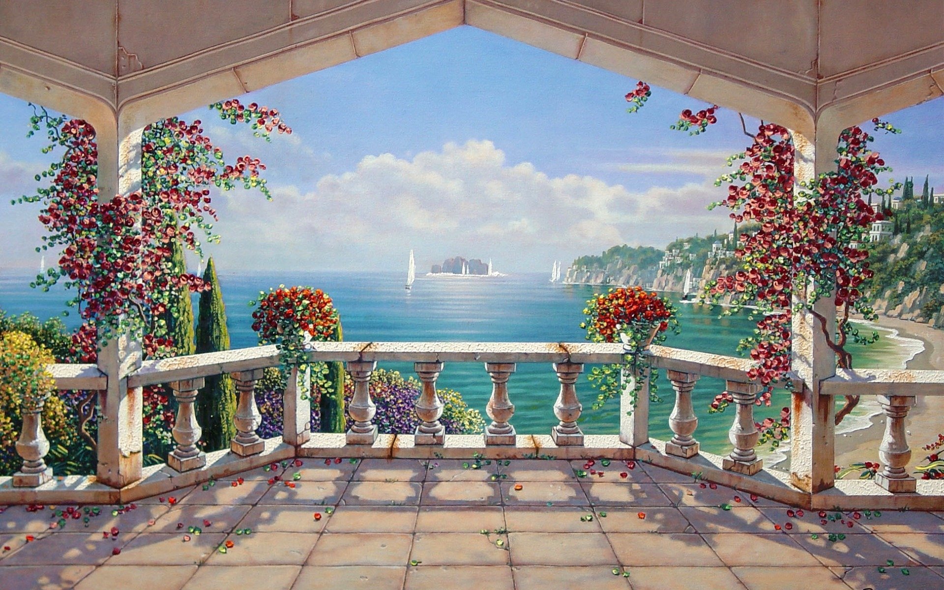 Artistic painting of a sunlit terrace overlooking a serene coastal view with vibrant flowers and distant cliffs, designed as an HD PC desktop wallpaper.