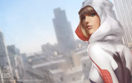 A striking HD desktop wallpaper featuring Gwen Stacy, also known as Spider-Gwen, in a hooded outfit, set against a backdrop of a city skyline.