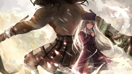 HD desktop wallpaper from Fate/Stay Night: Unlimited Blade Works featuring Illyasviel von Einzbern with white long hair and red eyes alongside the formidable Berserker.