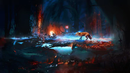 A vibrant HD desktop wallpaper featuring a fox walking through a mystical forest, illuminated by colorful lights and reflections in the water, creating a captivating atmosphere.