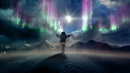 A stunning HD desktop wallpaper captures a person standing in awe beneath the vibrant aurora borealis, with mountains silhouetted against a mystical night sky.