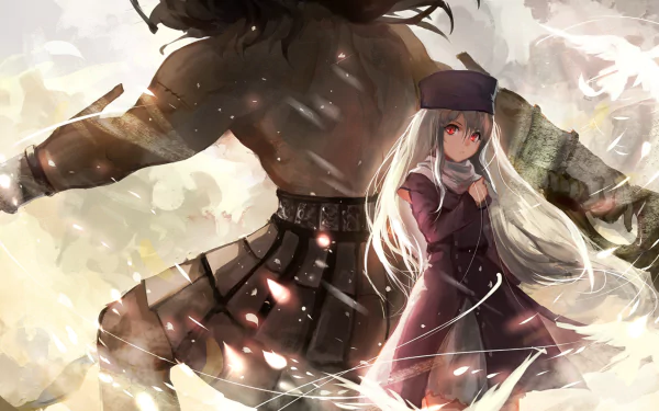 HD desktop wallpaper from Fate/Stay Night: Unlimited Blade Works featuring Illyasviel von Einzbern with white long hair and red eyes alongside the formidable Berserker.