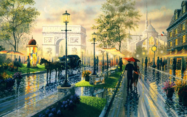 Artistic painting depicting a vibrant, rainy street scene in front of the Arc de Triomphe, with people holding umbrellas and horse-drawn carriages, available in HD for desktop wallpaper and background.
