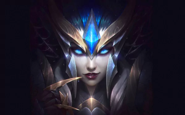 Elise from League of Legends, portrayed with striking blue eyes and elegant armor. This HD wallpaper captures her intense gaze and powerful presence in the game.