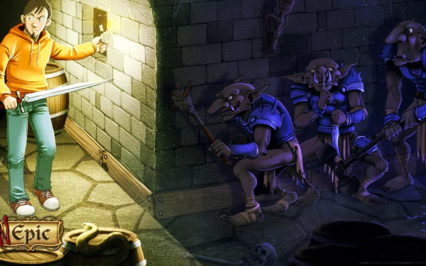 HD desktop wallpaper of Unepic, featuring a character with a sword facing skeletons in a dungeon setting.