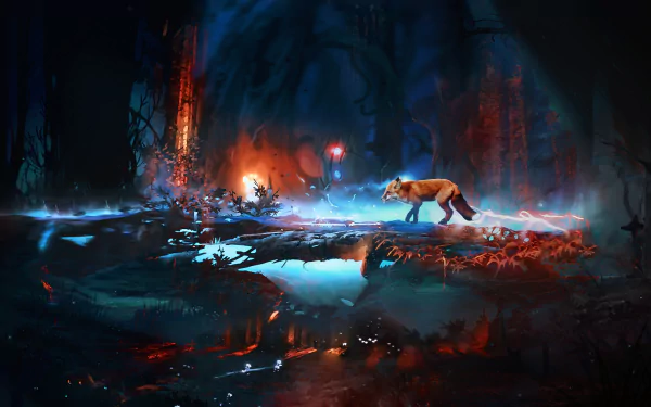 A vibrant HD desktop wallpaper featuring a fox walking through a mystical forest, illuminated by colorful lights and reflections in the water, creating a captivating atmosphere.