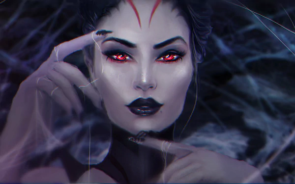 A striking fantasy wallpaper of Elise from League of Legends, featuring her with red eyes and dark makeup, set against a mysterious, ethereal background.