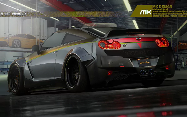A sleek Nissan GT-R displays its dynamic design in a high-definition desktop wallpaper, set against an industrial backdrop that enhances its powerful aesthetic.