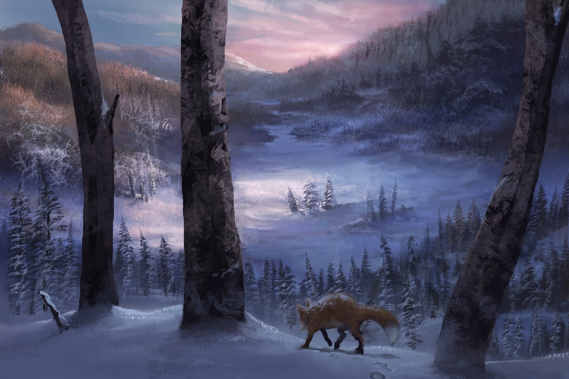 HD desktop wallpaper depicting a fox walking through a snowy winter forest landscape at dusk.