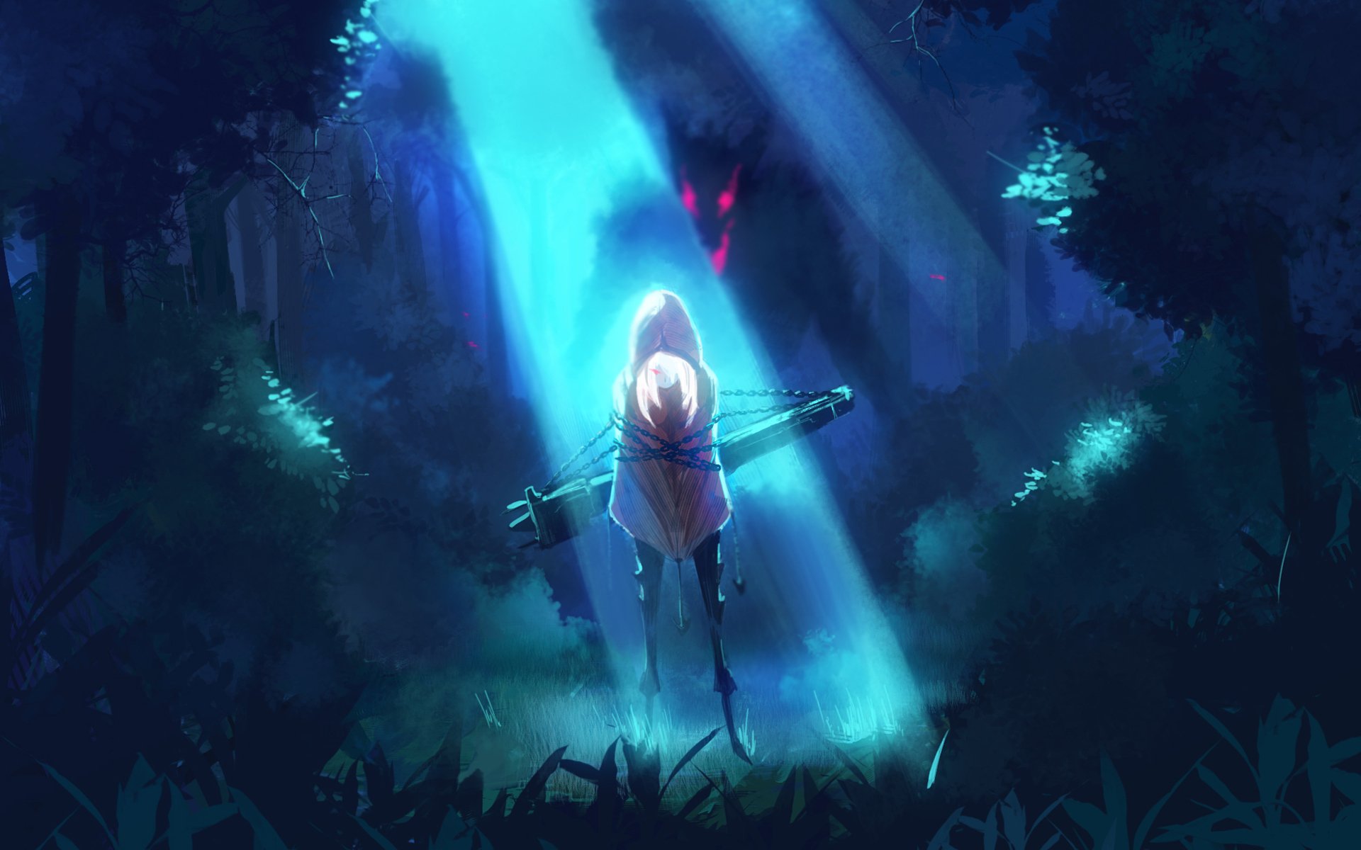 A mystical forest at night illuminated by soft light, featuring a figure with a bow facing a shadowy wolf. This original anime artwork serves as a captivating HD desktop wallpaper.