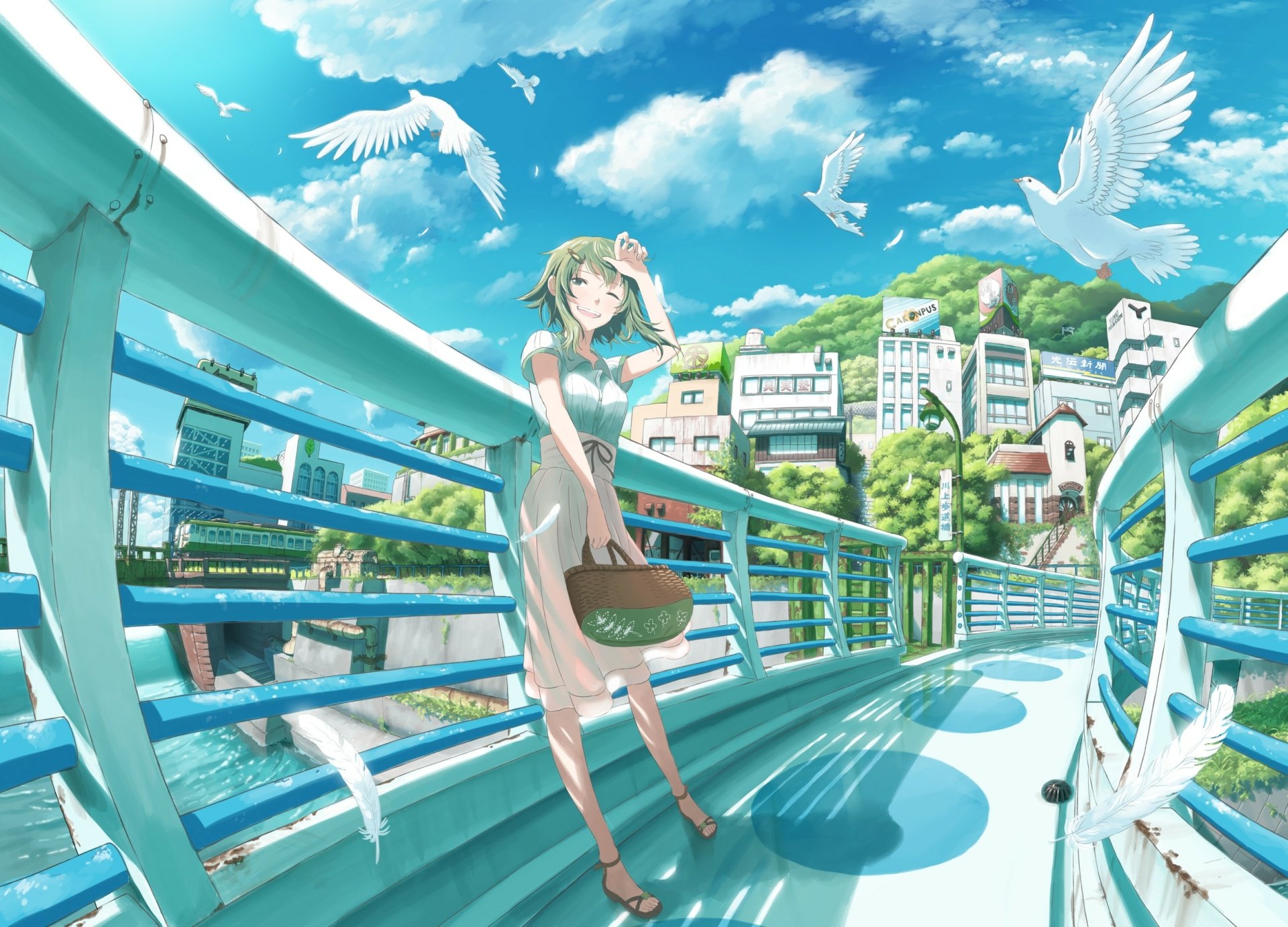 Anime-style HD wallpaper featuring GUMI from Vocaloid with green hair and green eyes, standing on a bridge with birds and blue skies in the background.