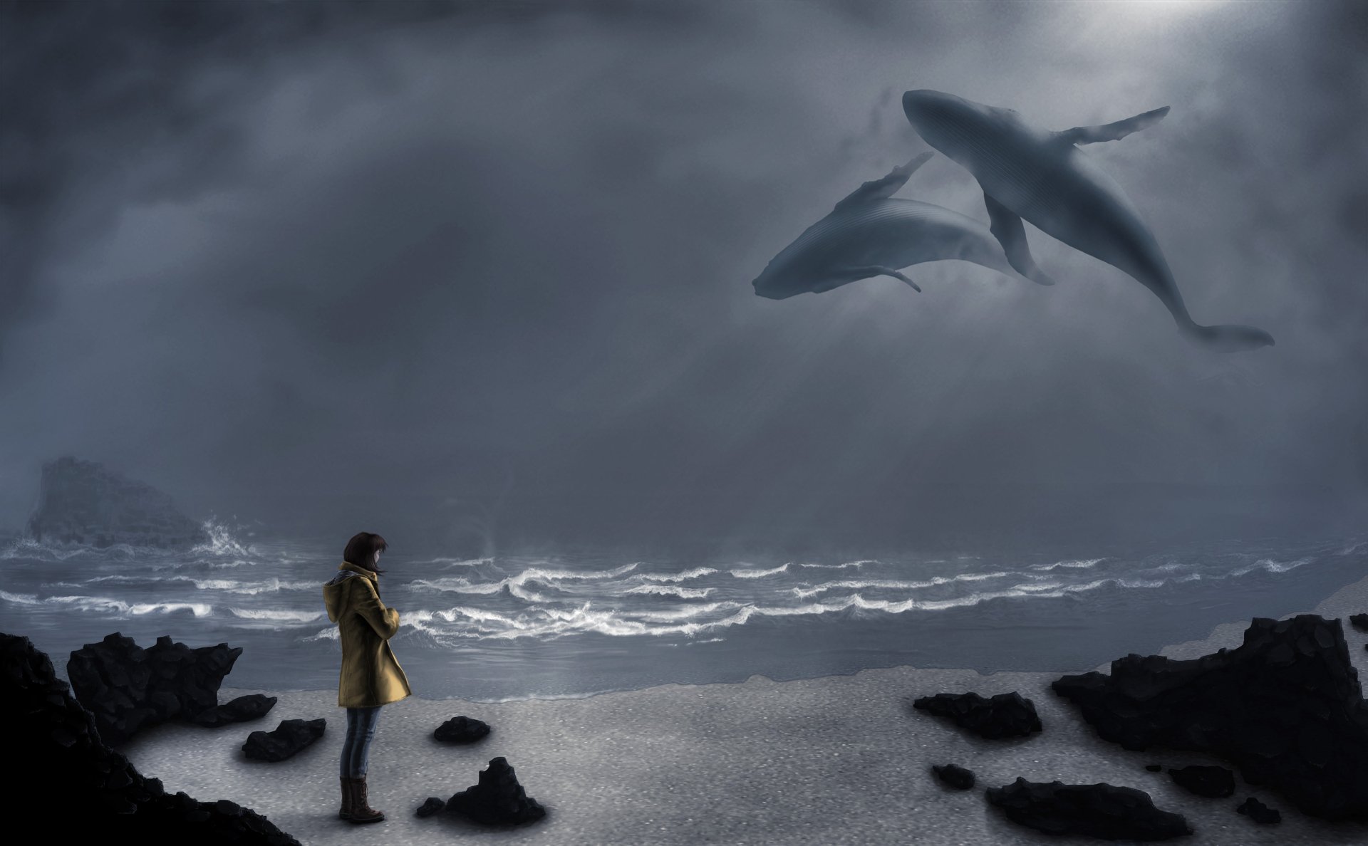 Fantasy-themed HD PC desktop wallpaper depicting a person standing on rocky shore gazing at two giant whales swimming through a cloudy, surreal sky.
