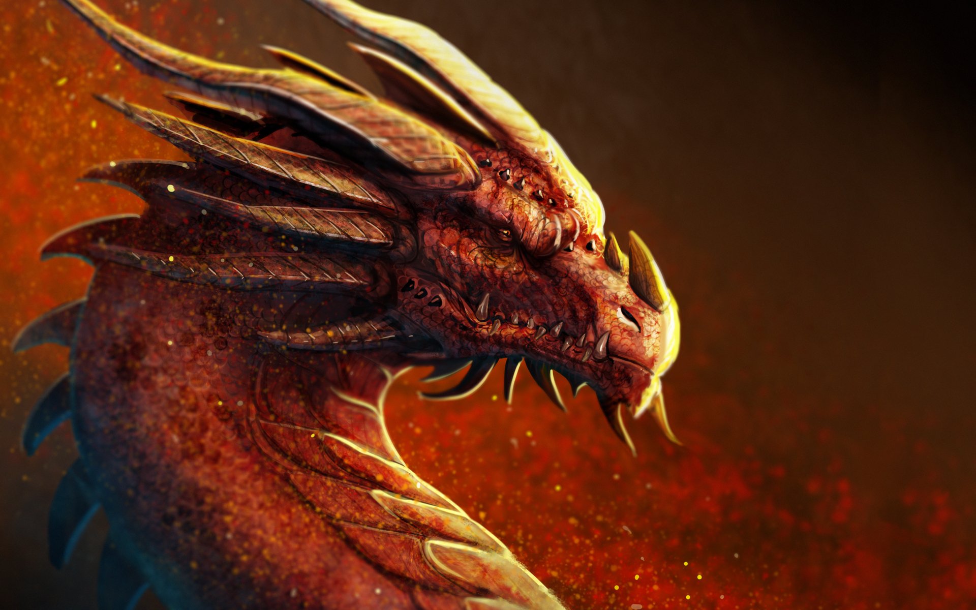 A striking HD wallpaper featuring a fierce dragon, its scales shimmering against a warm, fiery background, embodying the essence of fantasy and adventure.