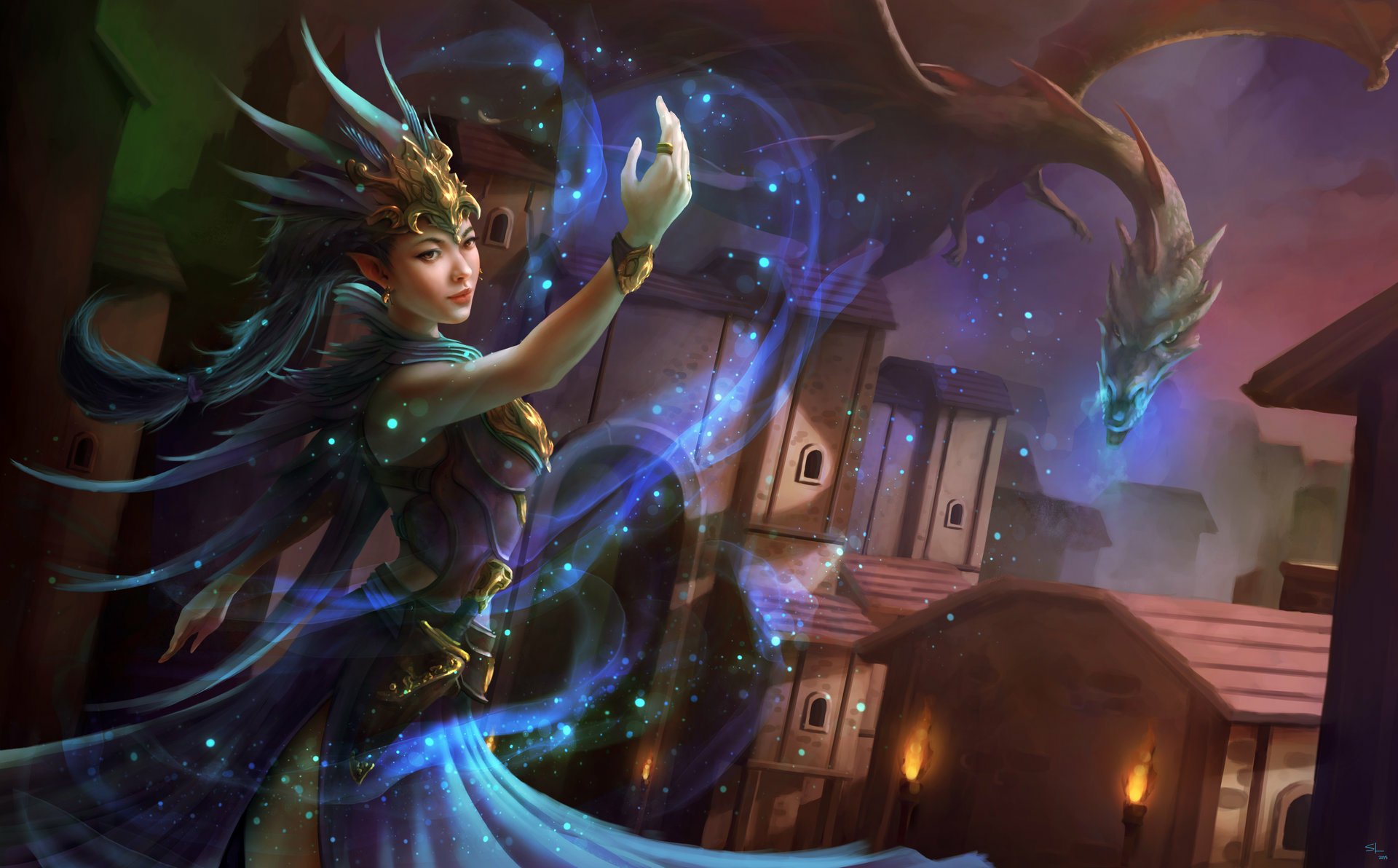 HD wallpaper featuring a fantasy woman with ornate armor and glowing magic, set against a mystical village backdrop.