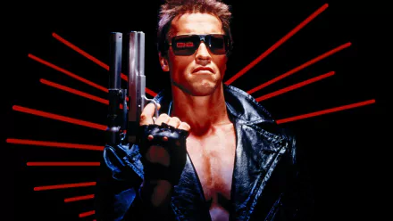 HD desktop wallpaper featuring Arnold Schwarzenegger as The Terminator, with a leather jacket and sunglasses, holding a gun, with red neon lines in the background.
