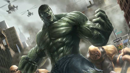 HD PC desktop wallpaper featuring The Incredible Hulk in a powerful pose from the video game The Incredible Hulk: Ultimate Destruction, surrounded by enemies in a city battle scene.