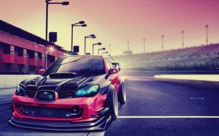 A striking Subaru Impreza with a custom tuning design, displayed on a racetrack under vibrant lighting, making an eye-catching HD wallpaper for enthusiasts.