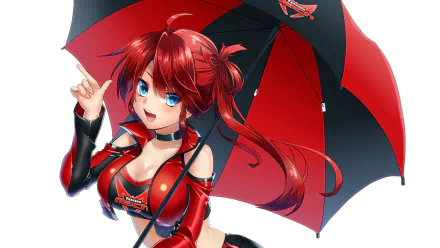 A vibrant anime racing queen with red hair and blue eyes holds a striking black and red umbrella, creating an eye-catching HD desktop wallpaper.