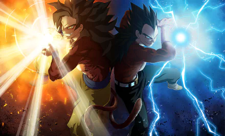 HD desktop wallpaper of Goku and Vegeta in their Super Saiyan 4 forms from Dragon Ball GT, with vibrant orange and blue energy backgrounds, depicting a powerful and dynamic scene from the anime.