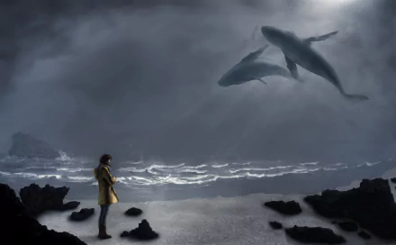 Fantasy-themed HD PC desktop wallpaper depicting a person standing on rocky shore gazing at two giant whales swimming through a cloudy, surreal sky.