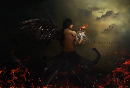 HD PC desktop wallpaper featuring a surreal photography manipulation of a winged figure with a flaming bird, set against a dark, fiery, and cloudy background.