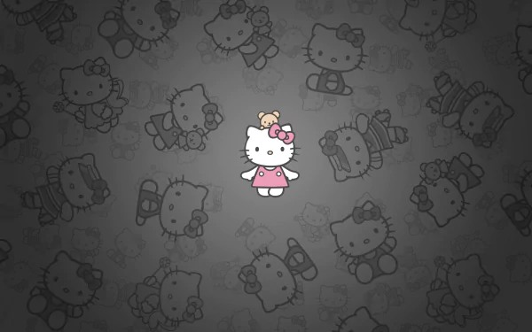 HD anime-style Hello Kitty wallpaper featuring a central cute Hello Kitty character in a pink dress with a bow, set against a dark background patterned with faint Hello Kitty sketches.