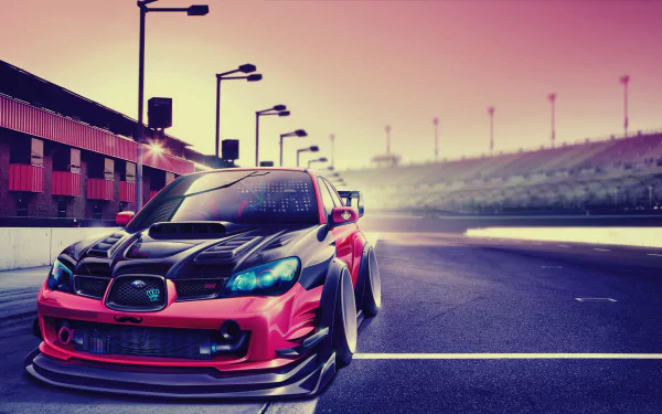 A striking Subaru Impreza with a custom tuning design, displayed on a racetrack under vibrant lighting, making an eye-catching HD wallpaper for enthusiasts.