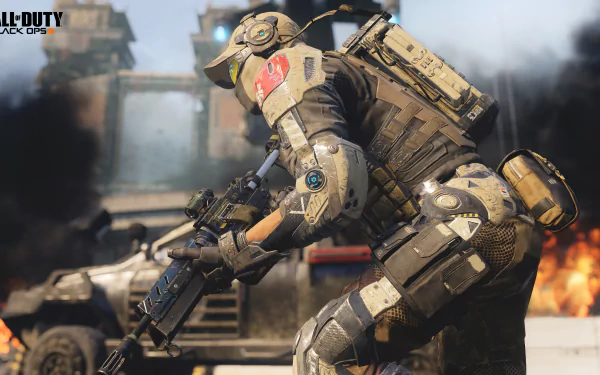 HD desktop wallpaper featuring a soldier from Call of Duty: Black Ops III in intense battle gear with a chaotic, fiery background. Tags: Call of Duty, video game, Call of Duty: Black Ops III.