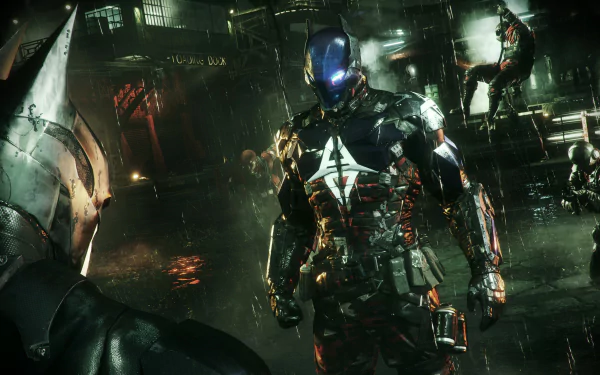 Video game 4K Ultra HD PC desktop wallpaper and background from Batman: Arkham Knight showing Batman confronting an armored adversary in a rain-soaked, neon-lit Gotham alley.