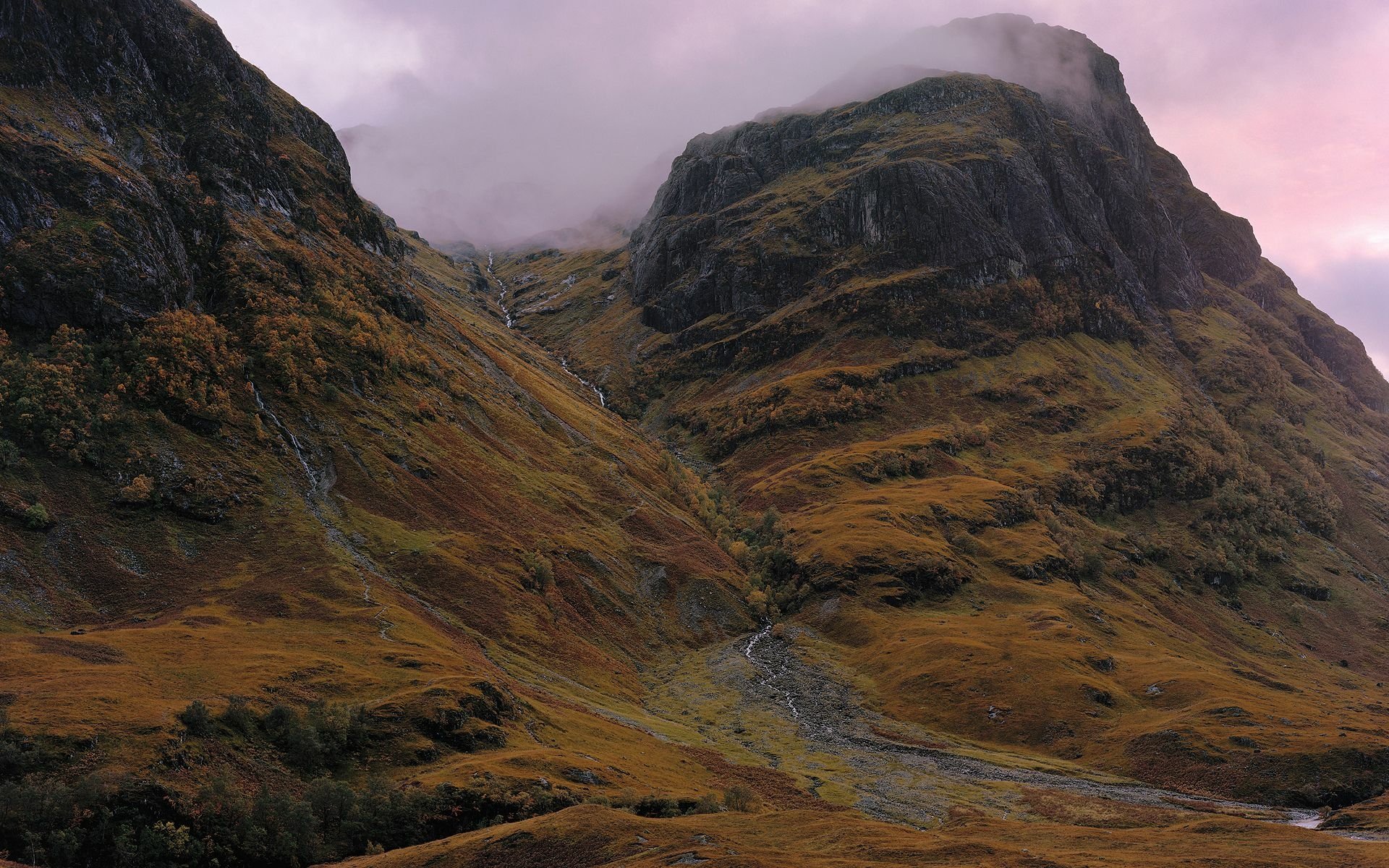 Enchanting Foggy Highlands: A Stunning HD Wallpaper of Glen Coe, Scotland