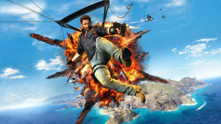 HD wallpaper featuring Rico Rodriguez from the video game Just Cause 3, showcasing an explosive action scene with scenic coastal background and helicopters in pursuit.
