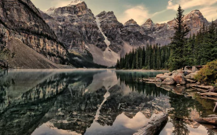 wood boulder reflection canadian rockies banff national park banff Alberta Canada nature Moraine Lake HD Desktop Wallpaper | Background Image