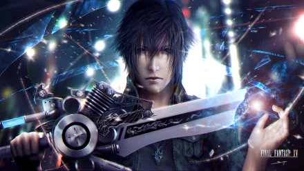 HD desktop wallpaper featuring Noctis Lucis Caelum from Final Fantasy XV, a video game. He has blue eyes and is depicted as a warrior holding a sword, surrounded by a magical, glowing aura.