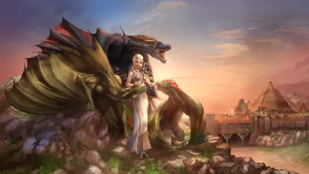 HD desktop wallpaper featuring Daenerys Targaryen with her dragons from the TV show Game of Thrones, based on A Song of Ice and Fire, set against a scenic background.