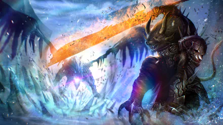 A fierce armored horned creature wielding magic battles a dragon in a dynamic Guild Wars 2 HD PC desktop wallpaper background.