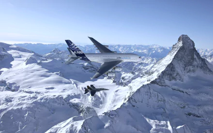 A dynamic scene featuring an Airbus A380 soaring above snow-covered mountains, accompanied by a sleek warplane against a clear blue sky, capturing the majesty of high-altitude flight.