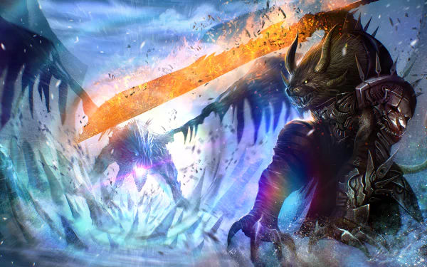 A fierce armored horned creature wielding magic battles a dragon in a dynamic Guild Wars 2 HD PC desktop wallpaper background.